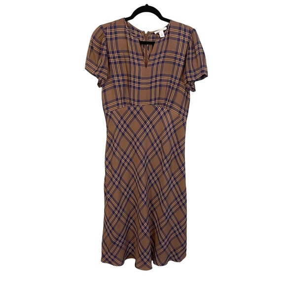 Nordstrom SIGNATURE Womens Brown Blue Plaid Empire Puff Midi Shift Dress Size 6